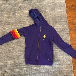 Aviator Nation Purple Hoodie with Lightning Bolt and Striped Sleeve